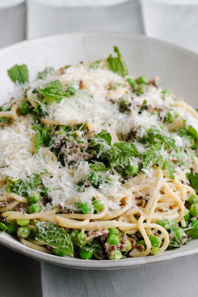 Spring Pasta with Duck Bacon, Peas and Mint Recipe | circleofeaters.com