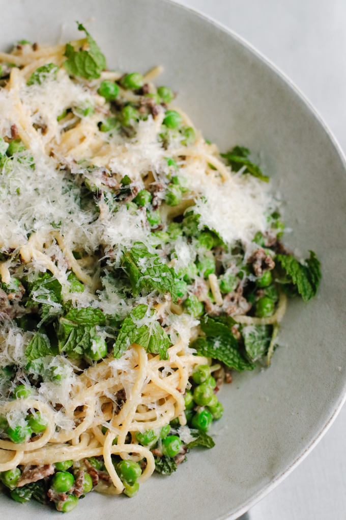 Spring Pasta with Duck Bacon, Peas and Mint