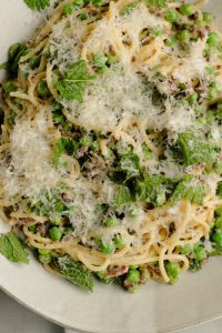 Spring Pasta with Duck Bacon, Peas and Mint