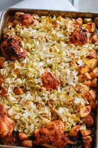 Sheet Pan Chicken with Harissa, Potatoes and Leeks - Easy one-sheet dinner! | circleofeaters.com