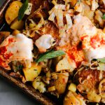 Sheet Pan Chicken with Harissa, Potatoes, Leeks and Yogurt - Easy one-sheet dinner! | circleofeaters.com