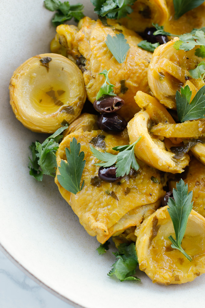 Moroccan Chicken with Artichokes, Olives and Preserved Lemons | circleofeaters.com